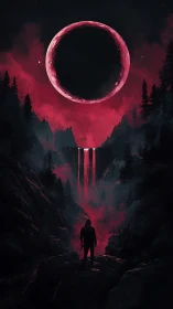 Lone hooded figure before crimson eclipse and cascading falls