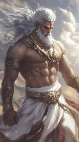 Mythic warrior stands against stormlit heavens in silent power