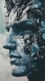 Weathered stone face emerges solemnly from drifting clouds