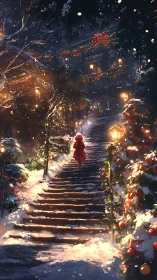 Snowy Christmas stairway leads to a warmly lit home.