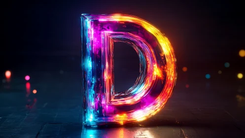 Neon letter D ignites glassy contours with electric glow.