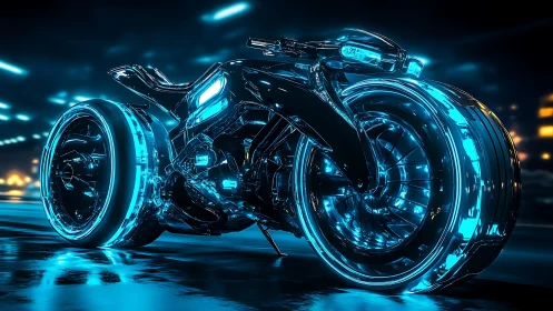 Neon-lit cyber bike with oversized illuminated wheels at night.