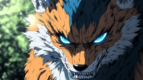 Bioluminescent-eyed dual-toned wolf portrait in anime style
