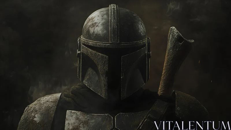 Stoic armored warrior stands calm in smoky golden light