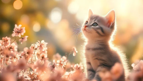 Kitten Among Pink Flowers in Golden Sunlight