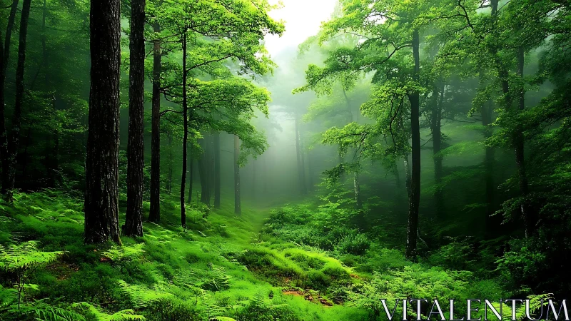 Misty Green Forest Valley Path Through Ancient Trees.