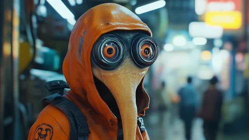 Orange plague doctor wanderer in neon city alleyway.