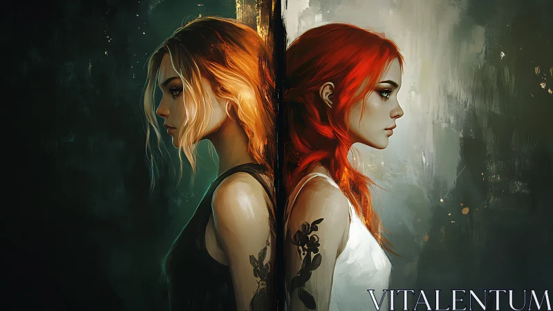 Mirrored destinies of two women divided by glowing line.