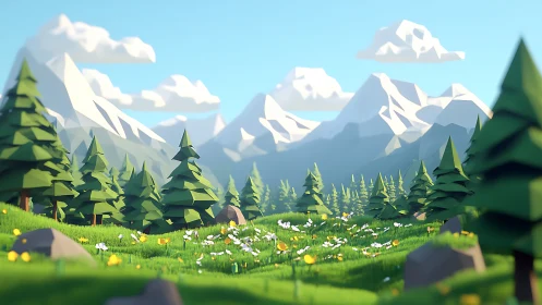 Low-poly alpine meadow with conifer forest and stylized peaks.