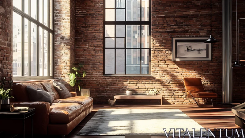 Sunlit loft lounges lazily in brick, leather, and shadow
