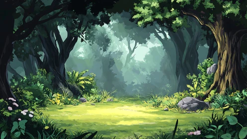 Enchanted Forest Clearing with Ancient Trees and Soft Light.