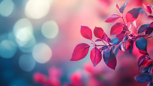 Crimson leaves drift softly through a dreamy pastel dusk
