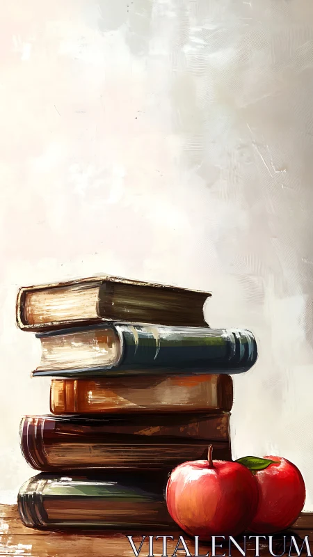 Stacked vintage books and bright apples invite quiet study