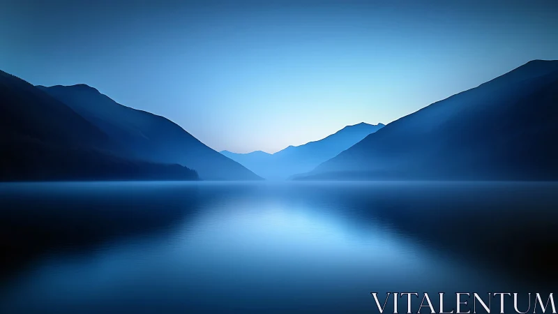 Quiet blue mountains cradling a glassy dawnlit lake.