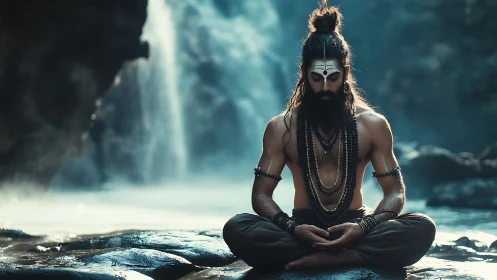 Mystic yogi meditates peacefully before a misty waterfall.