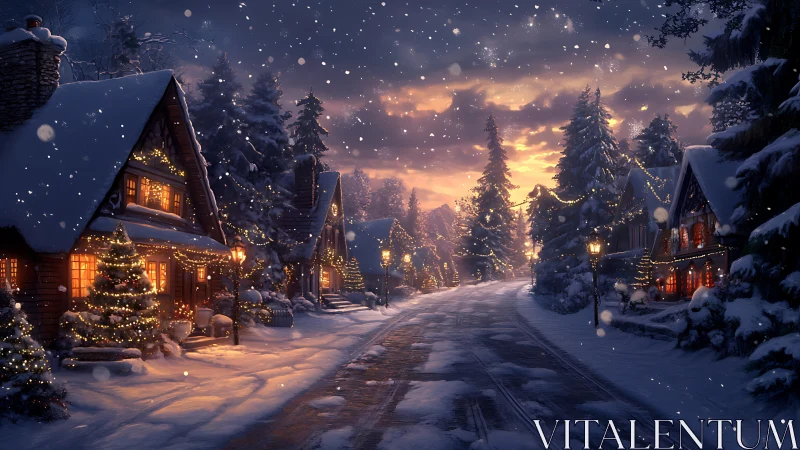 Snow-covered holiday village street at dusk with warm lighting