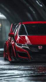 Sleek red Honda hatchback glowing on a rainy city street.