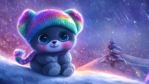 Rainbow knit hat teddy bear in luminous snowy twilight