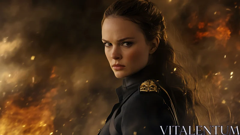 Uniformed woman against smoky background with sparks present.