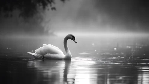 Graceful swan gliding through soft morning lake mist.