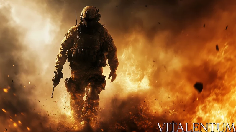 Armed soldier silhouette advancing through dense explosion.