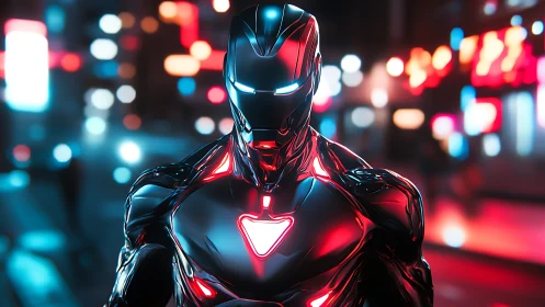 Neon armored hero glows boldly in a futuristic city night
