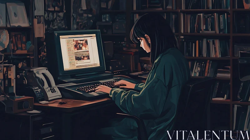 Solitary user at desktop computer in dimly lit library room.