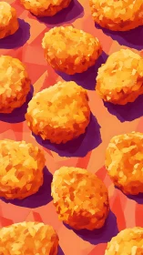 Digital painting of fried nuggets on geometric warm backdrop.