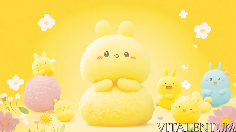 Sunny yellow bunny characters radiate playful spring joy.
