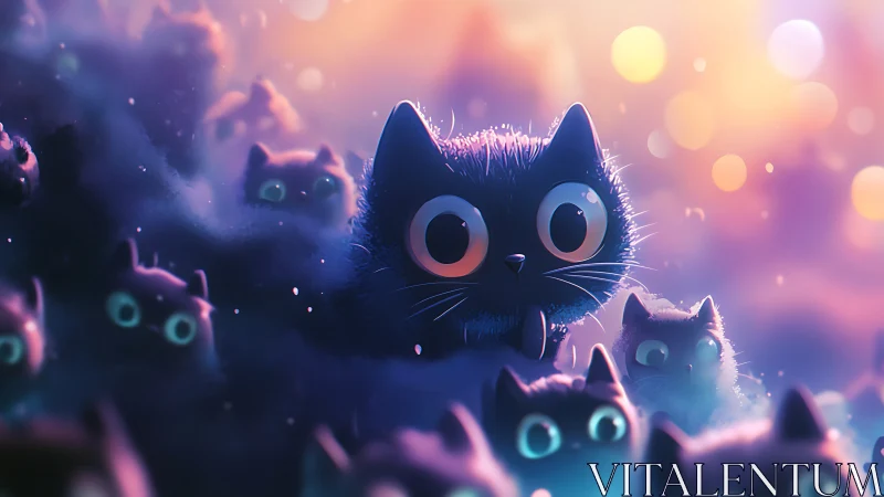 Animated Cats with Luminescent Eyes in Ethereal Pink and Blue