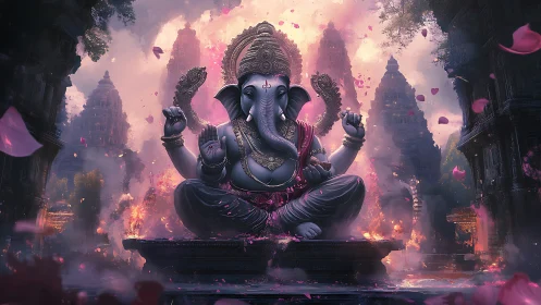 Mythic Ganesha in luminous temple conflagration tableau.
