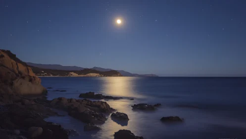 Moonlit shoreline quiets the night with silver serenity.