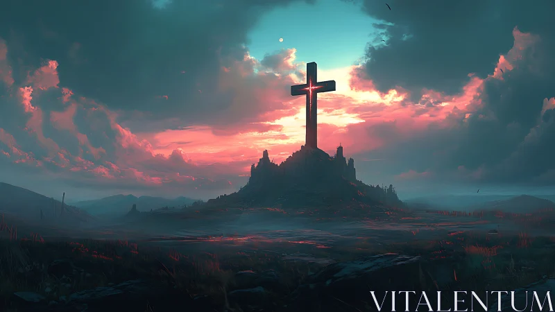 Solitary hilltop cross under dramatic neon sunset sky.