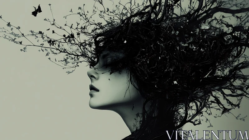 Whispering branches escape a dreaming monochrome muse.