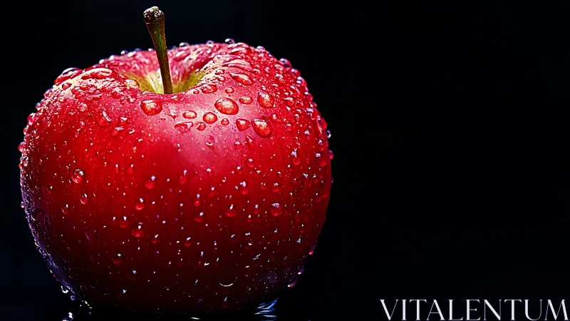 Crimson morning apple glows as dew clings like tiny jewels
