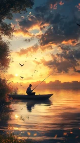 Solitary fisherman in rowboat under vivid sunset sky.