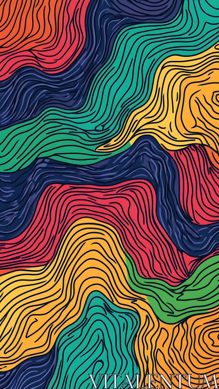 Colorful rivers of lines flowing through bold abstract hills.