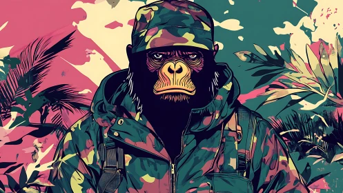 Camouflage-clad gorilla soldier amid neon jungle chaos.