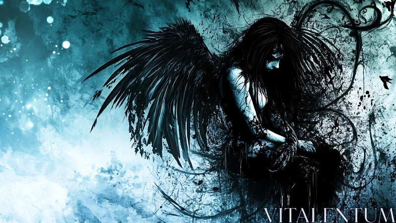 Winged female figure sits in profile amid ink-like splatter