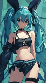 Turquoise twin-tailed bunny girl in stylized bikini outfit.