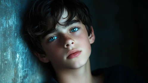 Young Person with Dark Hair and Blue Eyes Against Textured Wall