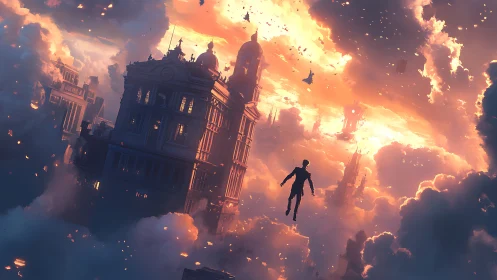 Solitary figure drifting among luminous sky towers.