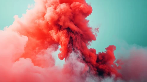 Crimson pigment cloud erupts against teal negative space.