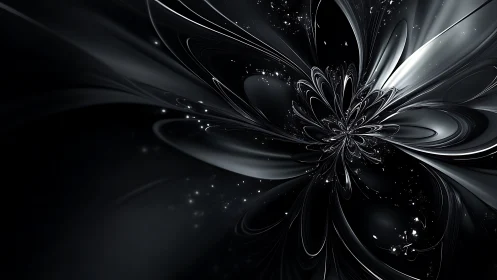 Monochrome abstract fractal flower radiates curved metallic arcs