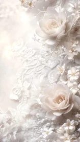 White floral relief with lace and pearls on soft background.