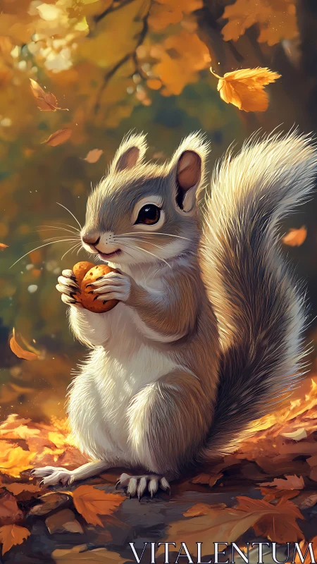 Squirrel holds nut on forest floor amid falling autumn leaves