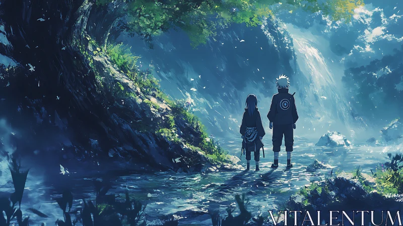 Quiet anime friends sharing a dreamy forest waterfall walk.