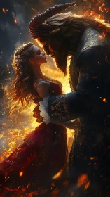 Fiery gothic pas de deux between horned beast and woman.