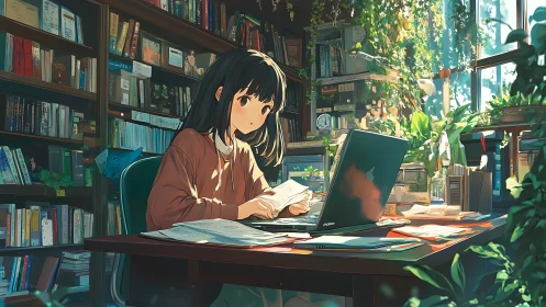 Sunlit library scholar weaves notes between laptop and leaves