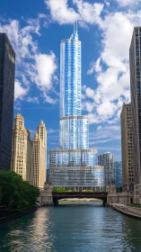 Glass-clad riverfront skyscraper rises above urban corridor